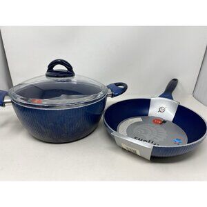 Shelly Blue Ribbed Nonstick Cookware Set Stock Pot Sauté Skillet Pan Set Italy